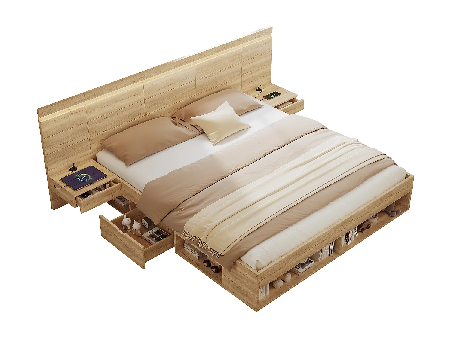 Holz-Doppelbett 180x200cm - MDF - mit Schubladen und 2 Nachttischen - LED-Beleuchtung - USB- und Type-C-Anschlüsse - Natur​ (ohne Matratze)