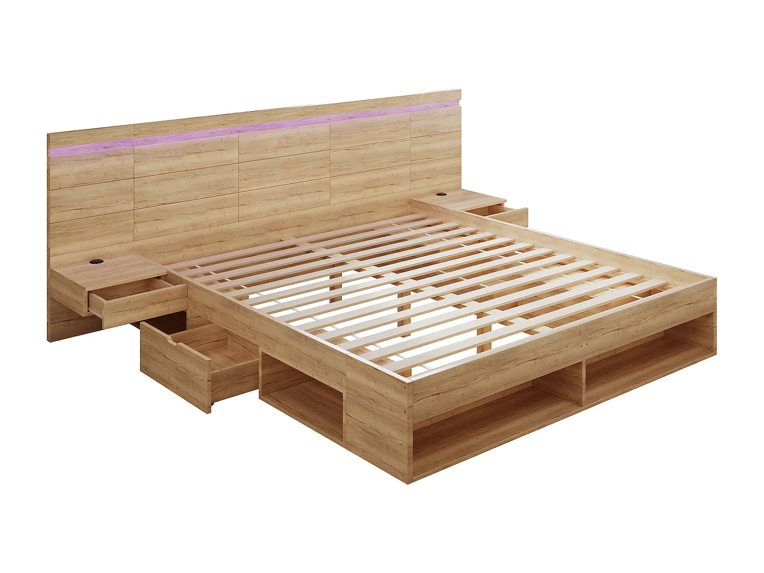 Holz-Doppelbett 180x200cm - MDF - mit Schubladen und 2 Nachttischen - LED-Beleuchtung - USB- und Type-C-Anschlüsse - Natur​ (ohne Matratze)