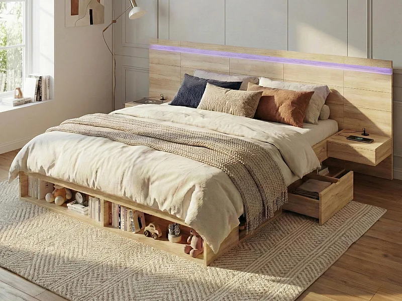 Dubbel houten bed 180x200cm - MDF - met lades en 2 nachtkastjes - LED-verlichting - USB- en Type-C-poorten - Natuur​ (zonder matras)