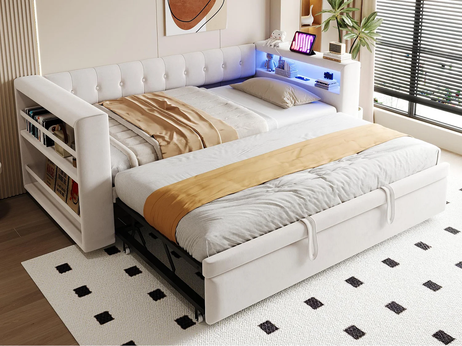 Lit rembourré 90x190 cm - avec éclairage LED - avec lit gigogne - avec prise de courant - beige