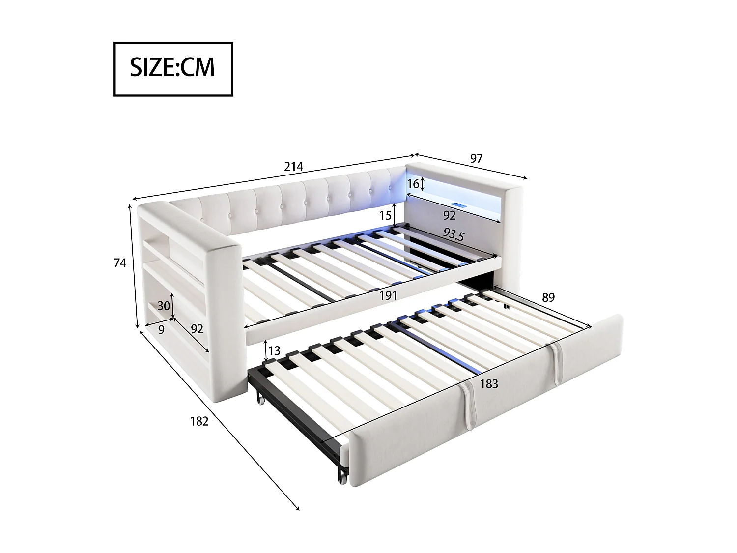 Lit rembourré 90x190 cm - avec éclairage LED - avec lit gigogne - avec prise de courant - beige