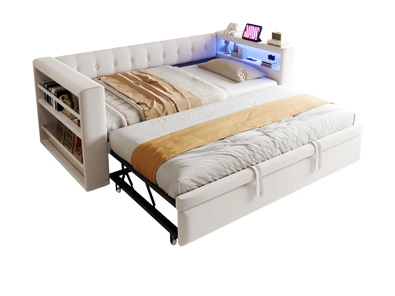 Lit rembourré 90x190 cm - avec éclairage LED - avec lit gigogne - avec prise de courant - beige