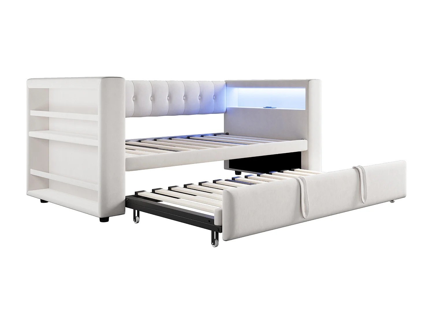 Lit rembourré 90x190 cm - avec éclairage LED - avec lit gigogne - avec prise de courant - beige