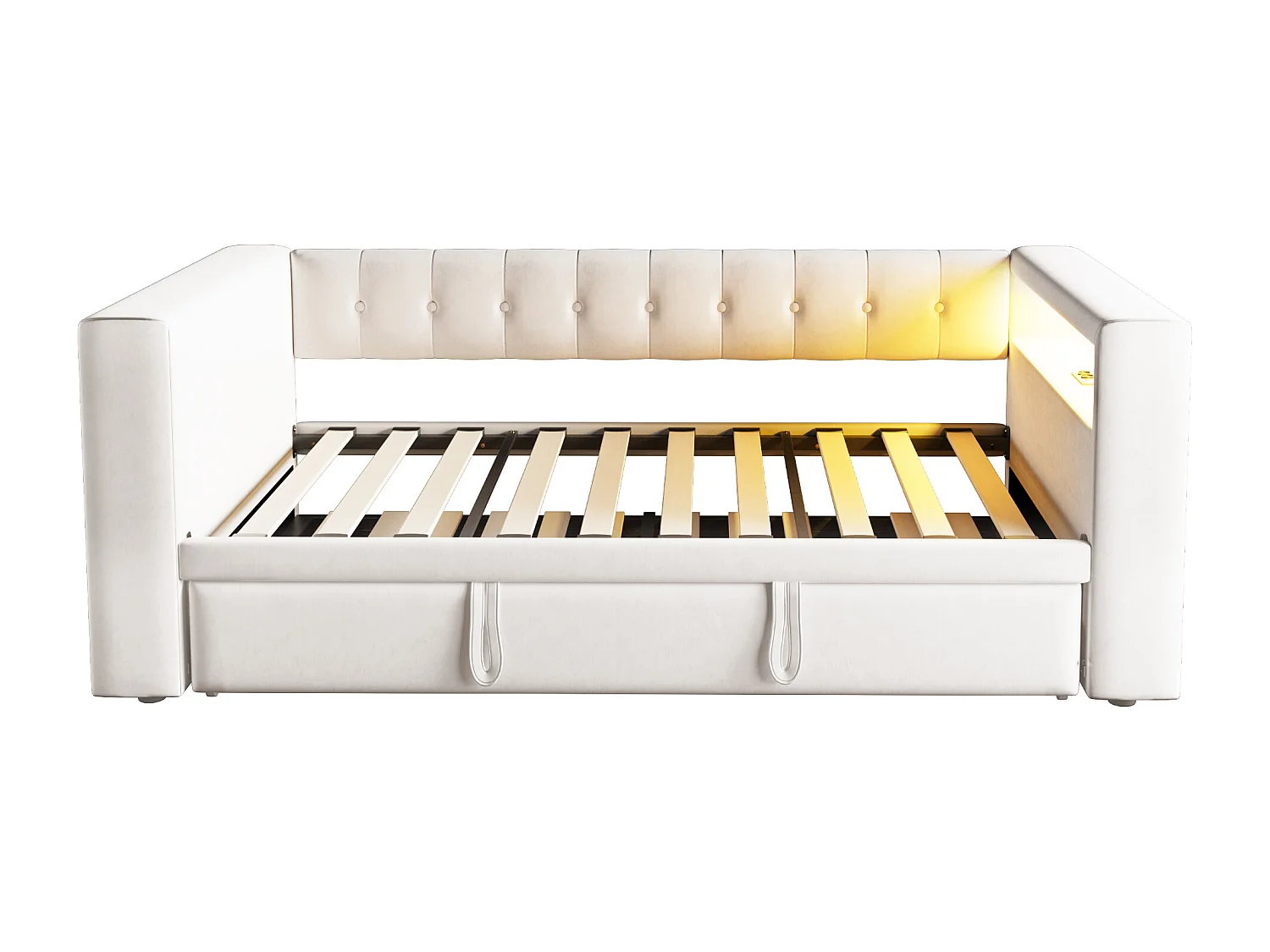 Lit rembourré 90x190 cm - avec éclairage LED - avec lit gigogne - avec prise de courant - beige