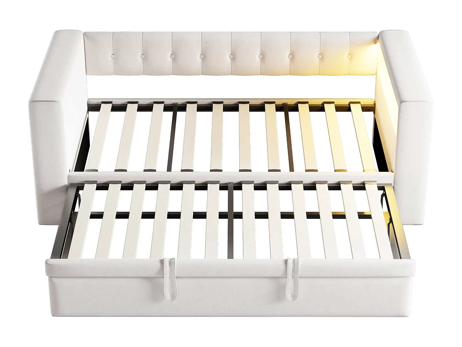 Lit rembourré 90x190 cm - avec éclairage LED - avec lit gigogne - avec prise de courant - beige