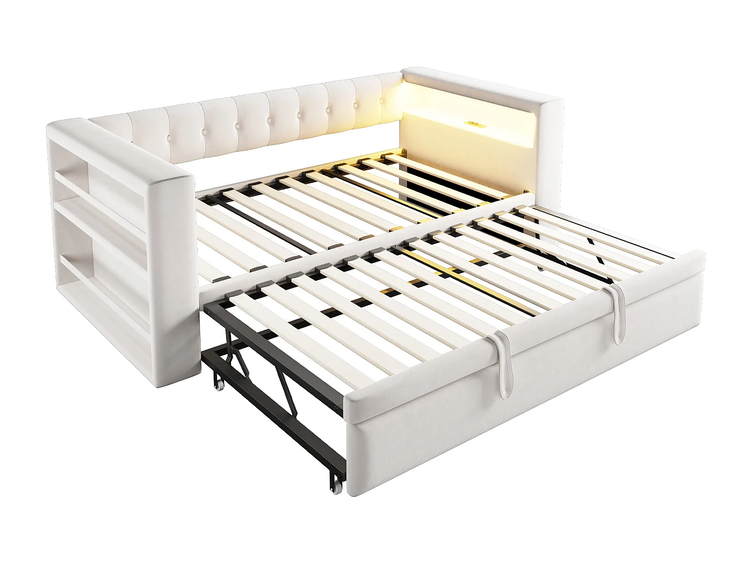 Lit rembourré 90x190 cm - avec éclairage LED - avec lit gigogne - avec prise de courant - beige