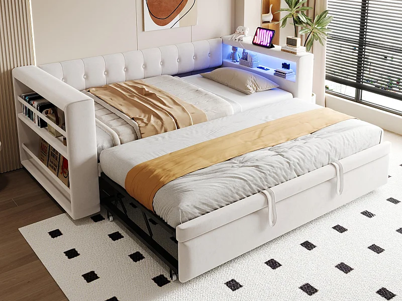 Lit rembourré 90x190 cm - avec éclairage LED - avec lit gigogne - avec prise de courant - beige