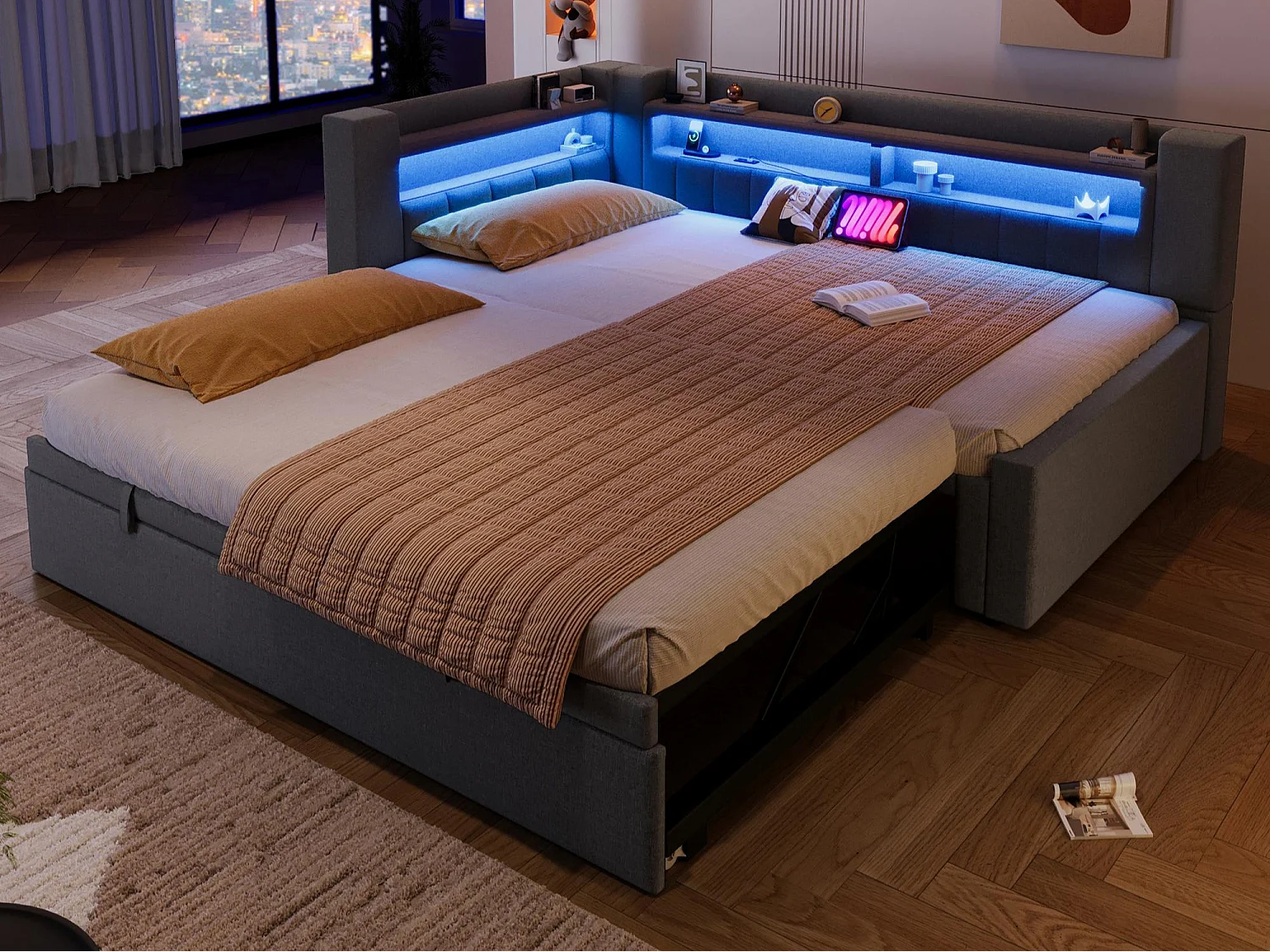 Canapé-lit 90x200 cm (180 x 200 cm) - avec lit gigogne - avec USB + Type-C - avec éclairage LED - gris (matelas non inclus)