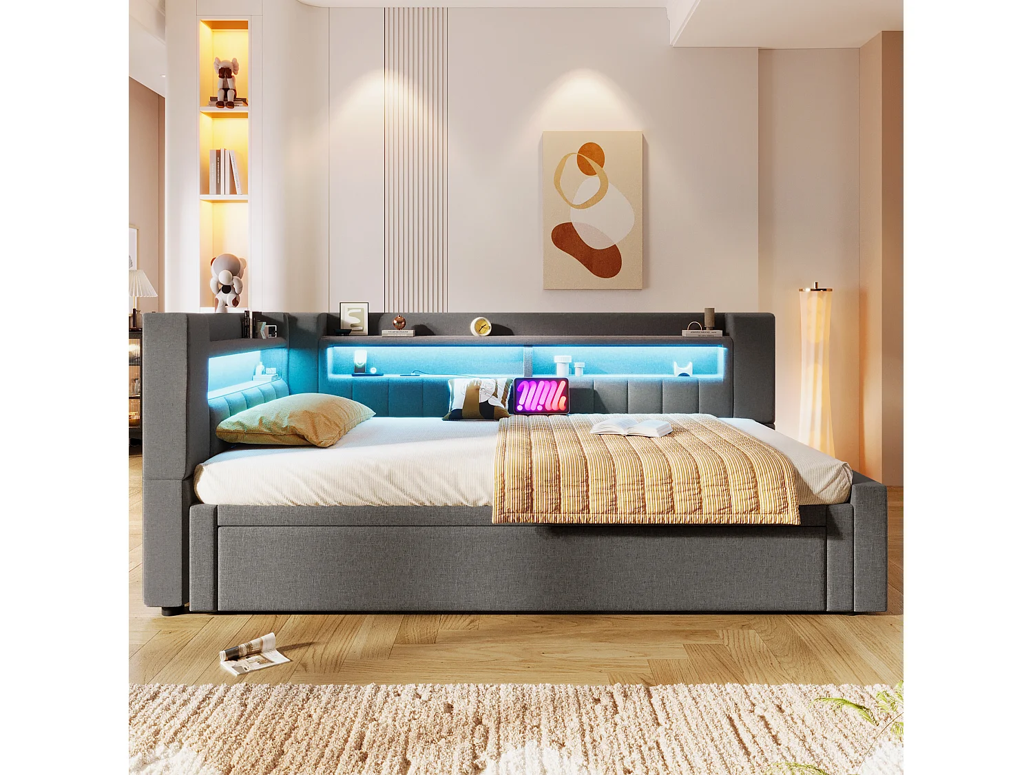 Canapé-lit 90x200 cm (180 x 200 cm) - avec lit gigogne - avec USB + Type-C - avec éclairage LED - gris (matelas non inclus)