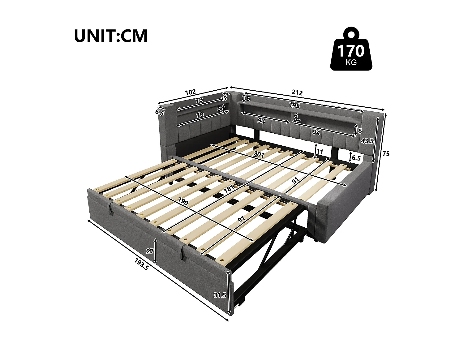 Canapé-lit 90x200 cm (180 x 200 cm) - avec lit gigogne - avec USB + Type-C - avec éclairage LED - gris (matelas non inclus)