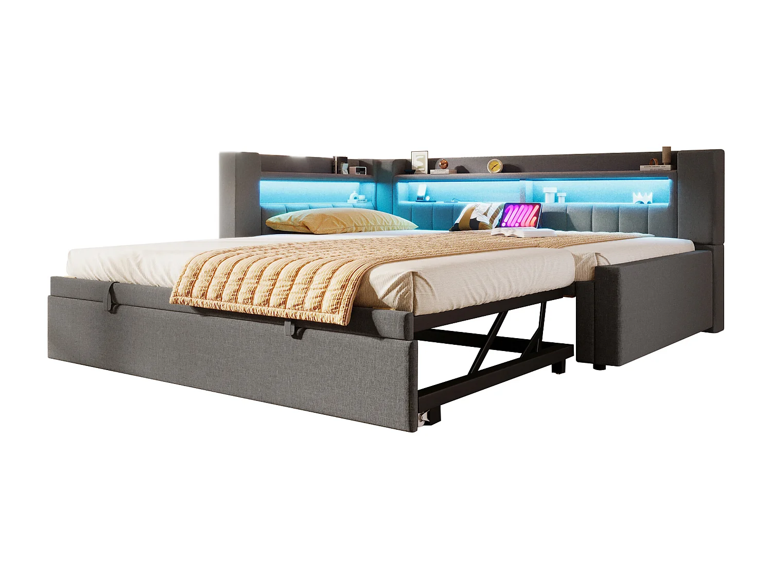 Canapé-lit 90x200 cm (180 x 200 cm) - avec lit gigogne - avec USB + Type-C - avec éclairage LED - gris (matelas non inclus)