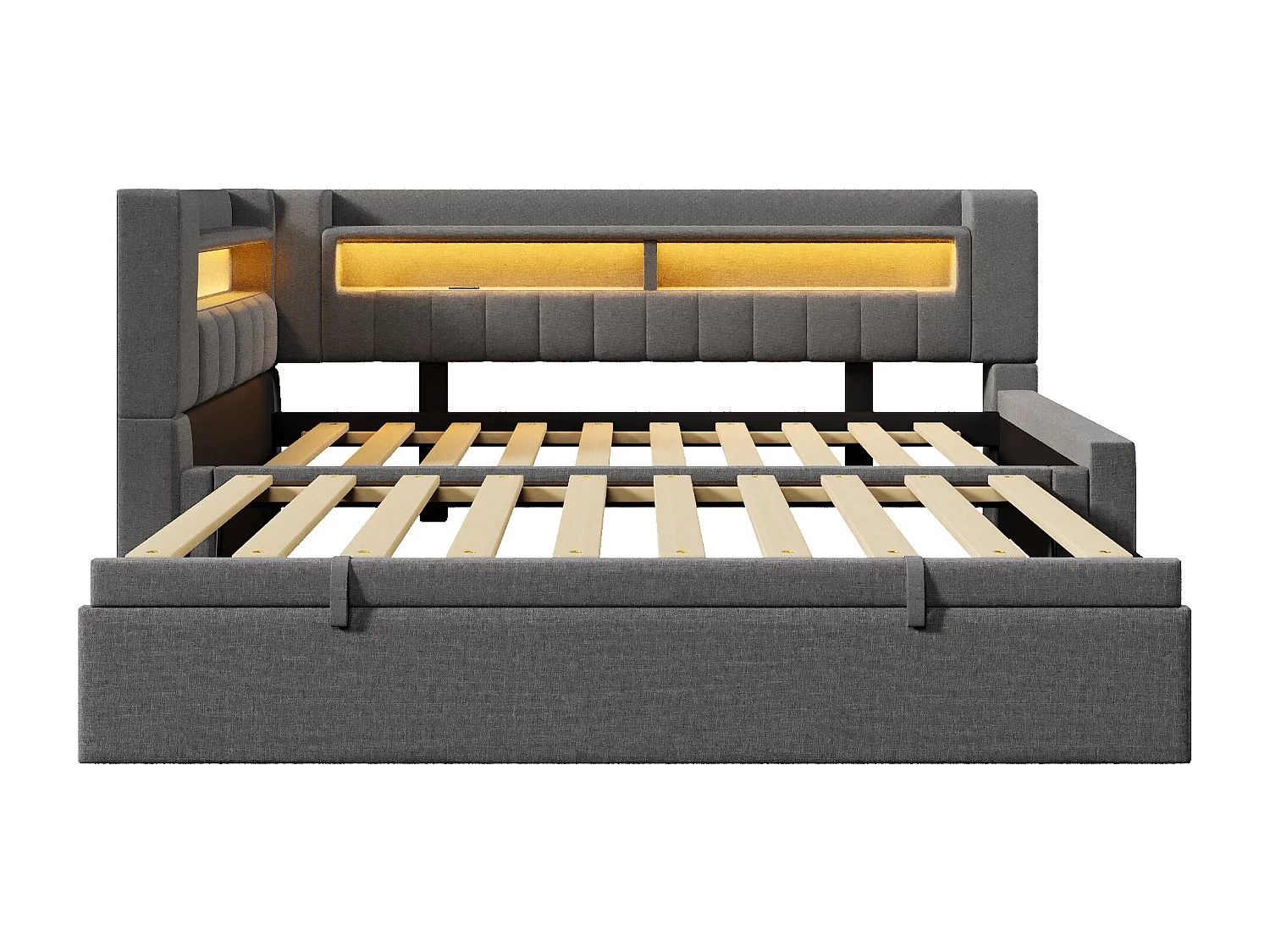 Canapé-lit 90x200 cm (180 x 200 cm) - avec lit gigogne - avec USB + Type-C - avec éclairage LED - gris (matelas non inclus)