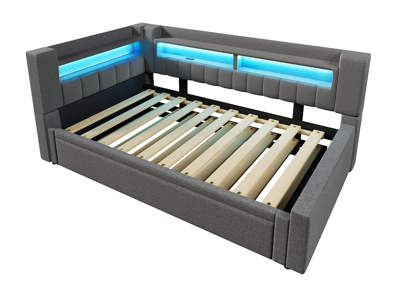 Canapé-lit 90x200 cm (180 x 200 cm) - avec lit gigogne - avec USB + Type-C - avec éclairage LED - gris (matelas non inclus)