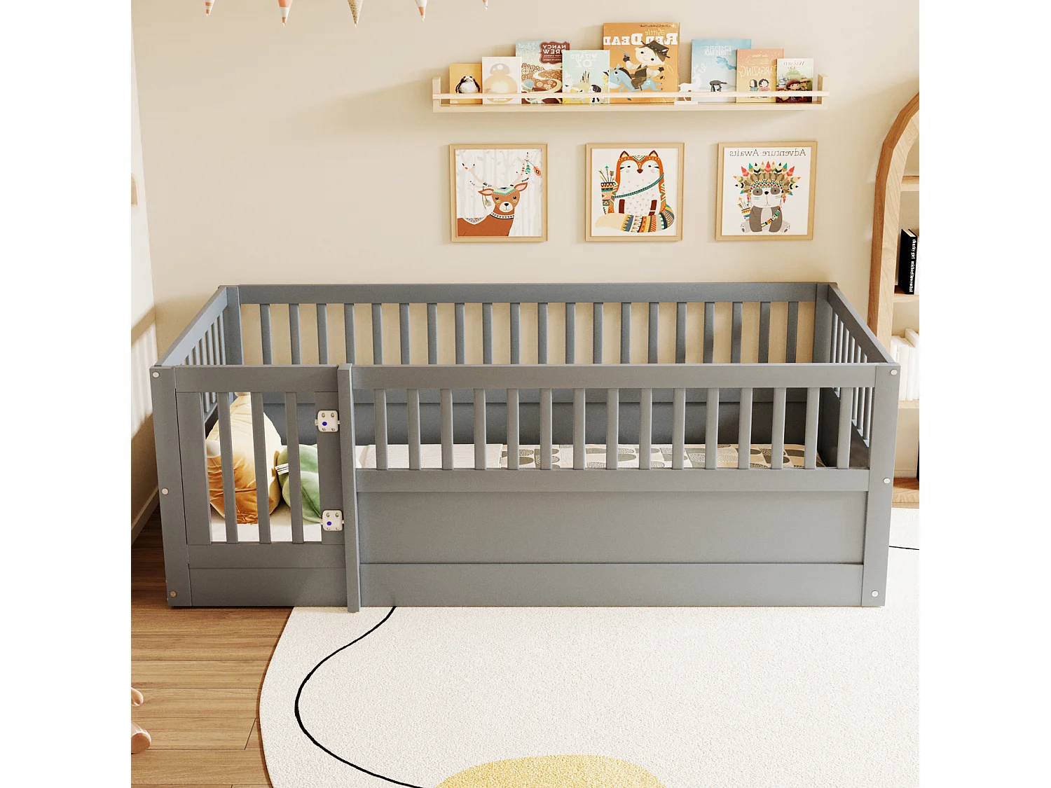 Kinderbed 90 x 200 cm - houten bedframe - met veiligheidshekken - met deur - grijs​ (lattenbodem niet inbegrepen)
