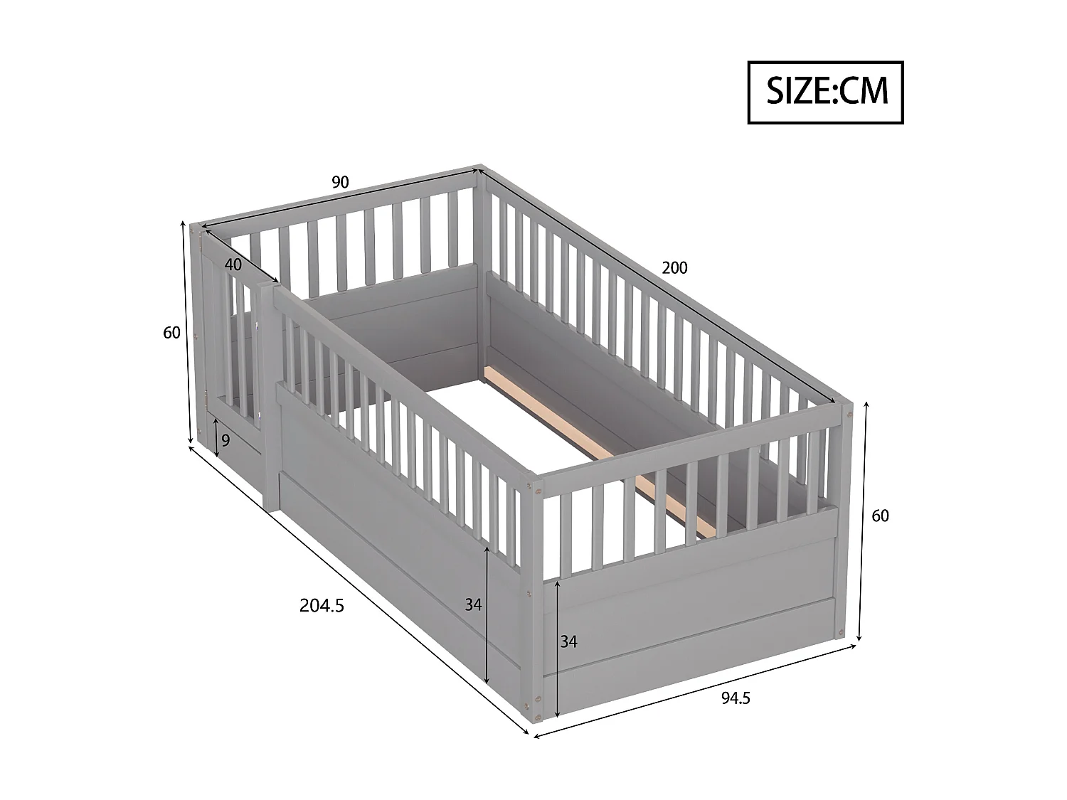 Kinderbed 90 x 200 cm - houten bedframe - met veiligheidshekken - met deur - grijs​ (lattenbodem niet inbegrepen)