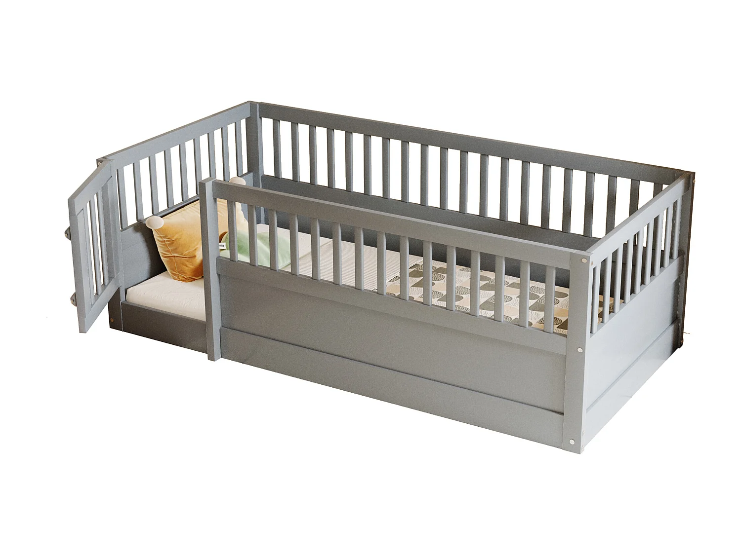 Kinderbed 90 x 200 cm - houten bedframe - met veiligheidshekken - met deur - grijs​ (lattenbodem niet inbegrepen)