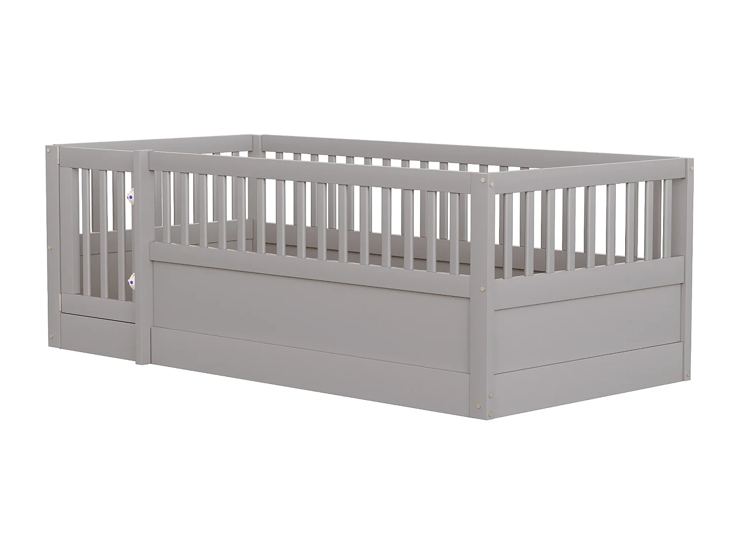 Kinderbed 90 x 200 cm - houten bedframe - met veiligheidshekken - met deur - grijs​ (lattenbodem niet inbegrepen)