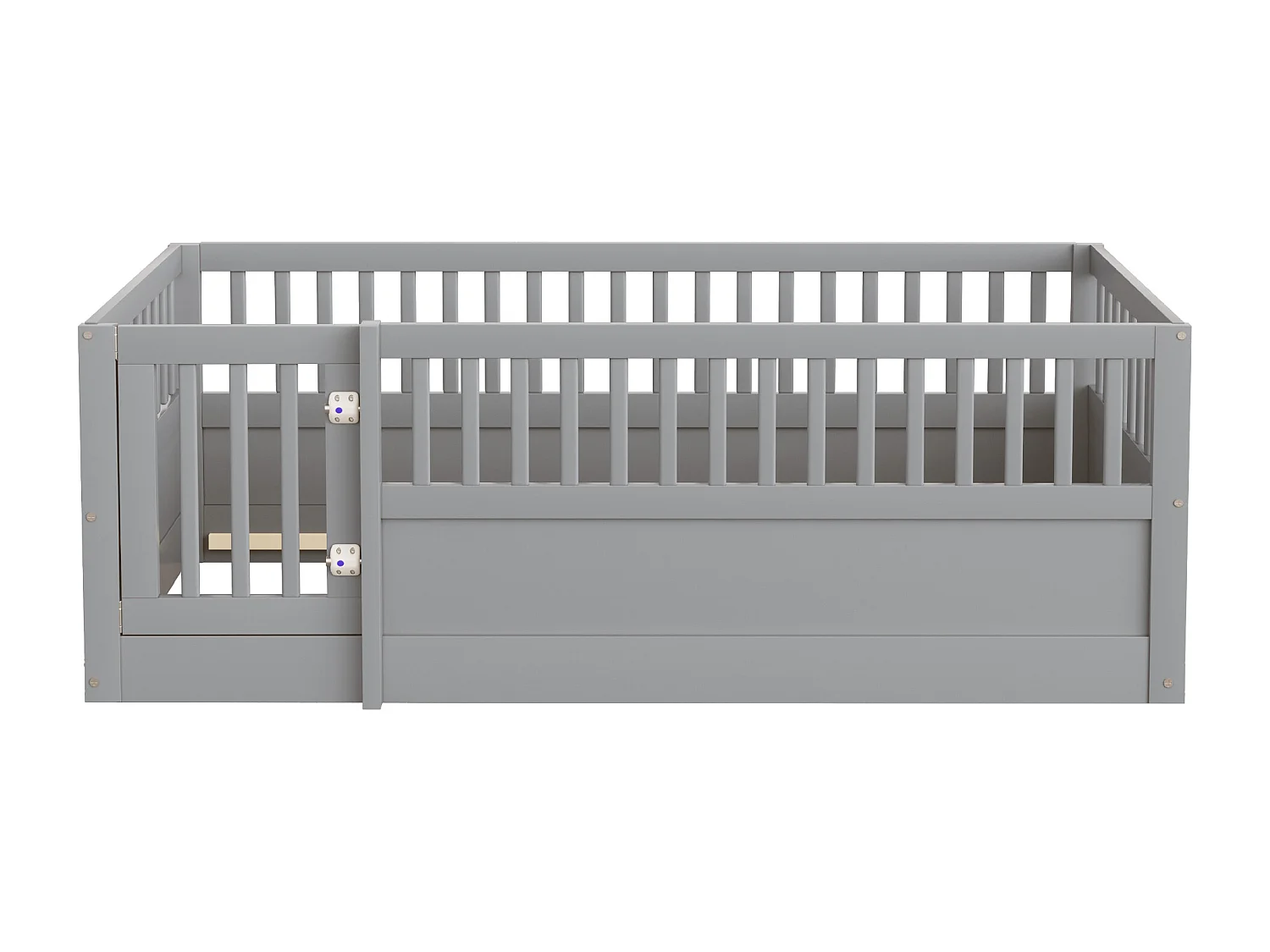 Kinderbed 90 x 200 cm - houten bedframe - met veiligheidshekken - met deur - grijs​ (lattenbodem niet inbegrepen)