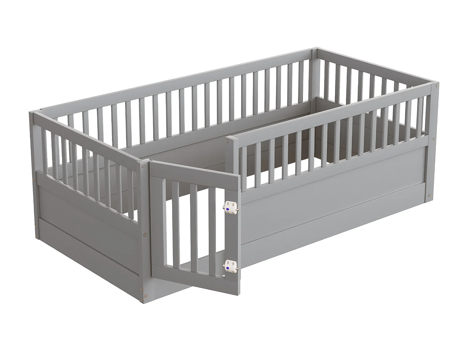 Kinderbed 90 x 200 cm - houten bedframe - met veiligheidshekken - met deur - grijs​ (lattenbodem niet inbegrepen)