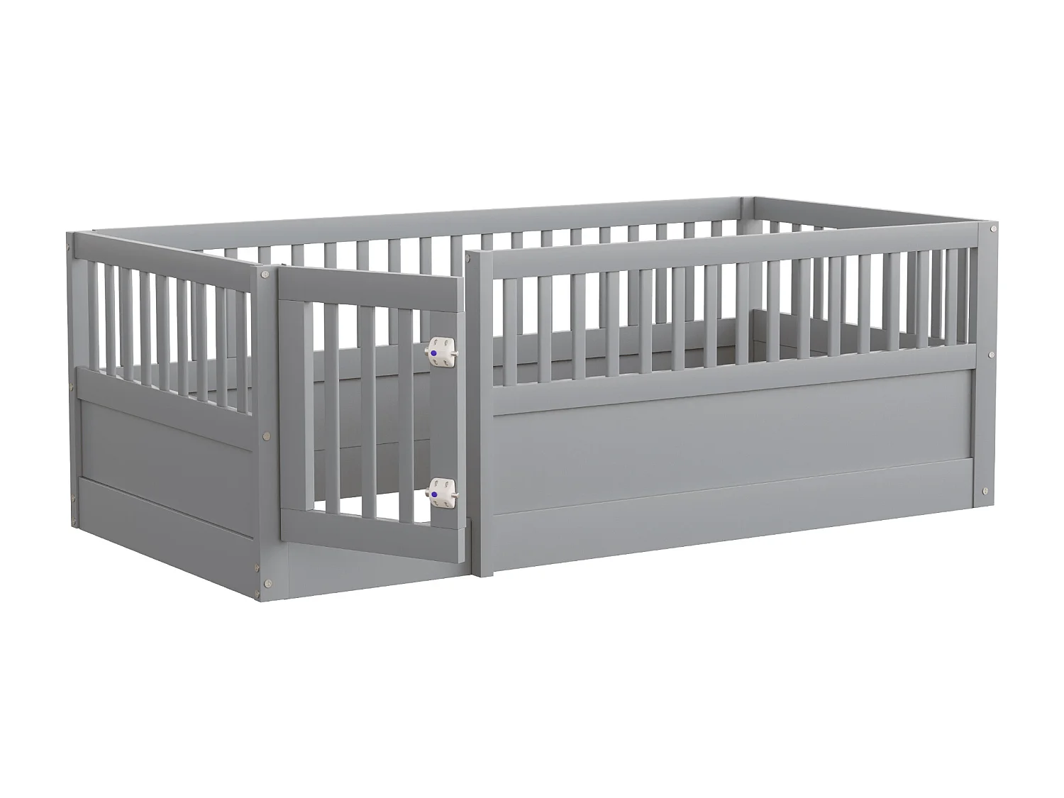 Kinderbed 90 x 200 cm - houten bedframe - met veiligheidshekken - met deur - grijs​ (lattenbodem niet inbegrepen)