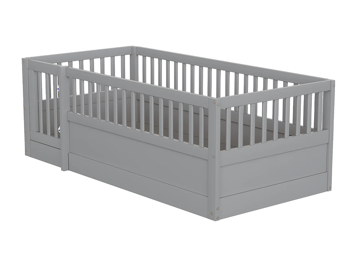 Kinderbed 90 x 200 cm - houten bedframe - met veiligheidshekken - met deur - grijs​ (lattenbodem niet inbegrepen)