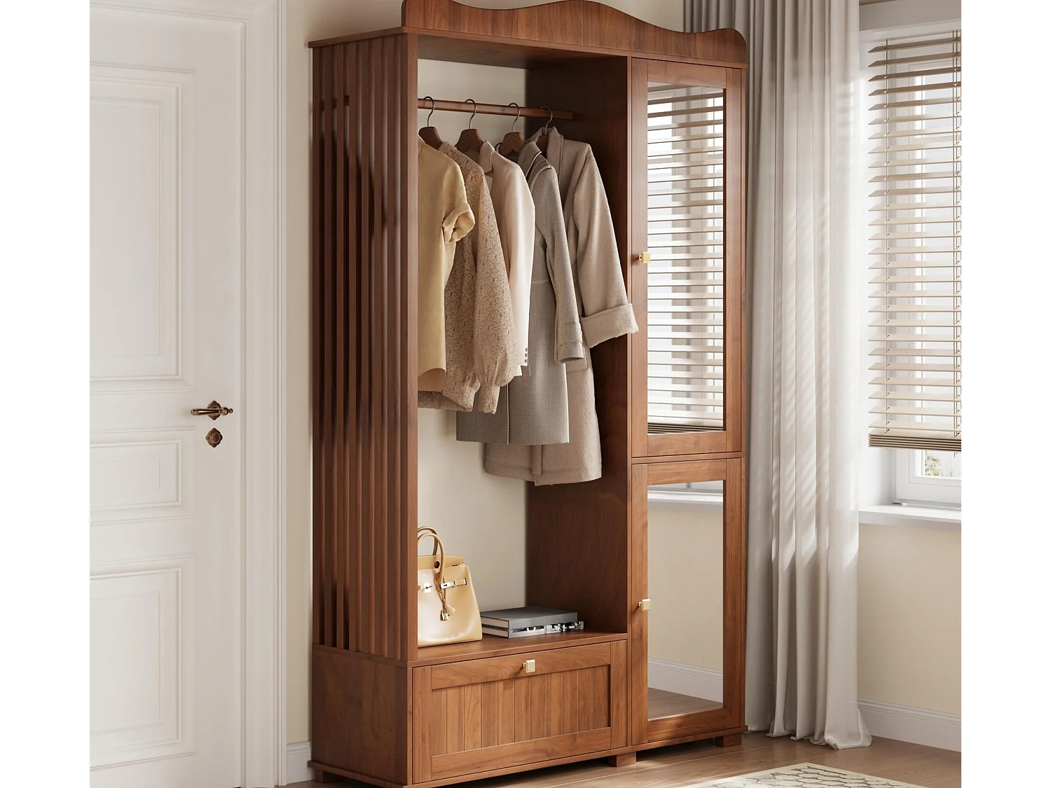 Garderobeset - 115,5x38,5x194,5 cm - met spiegel en open droogrek - 1 lade en 2 deuren - MDF - Notenhout kleur