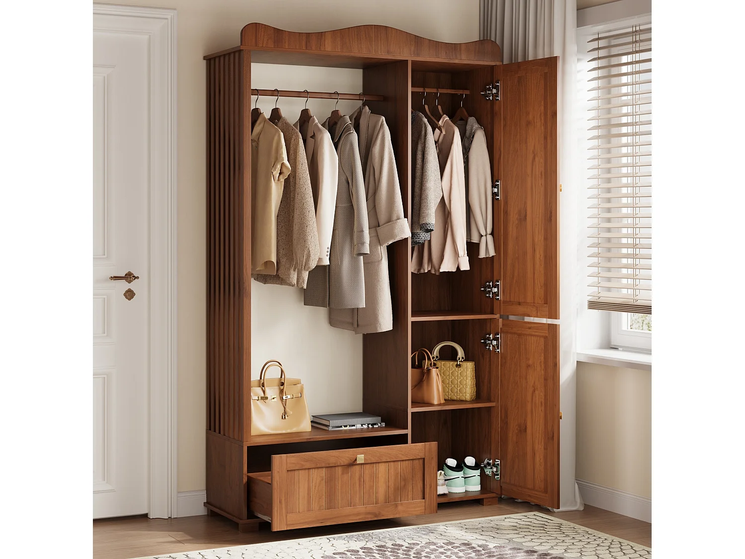 Garderobeset - 115,5x38,5x194,5 cm - met spiegel en open droogrek - 1 lade en 2 deuren - MDF - Notenhout kleur