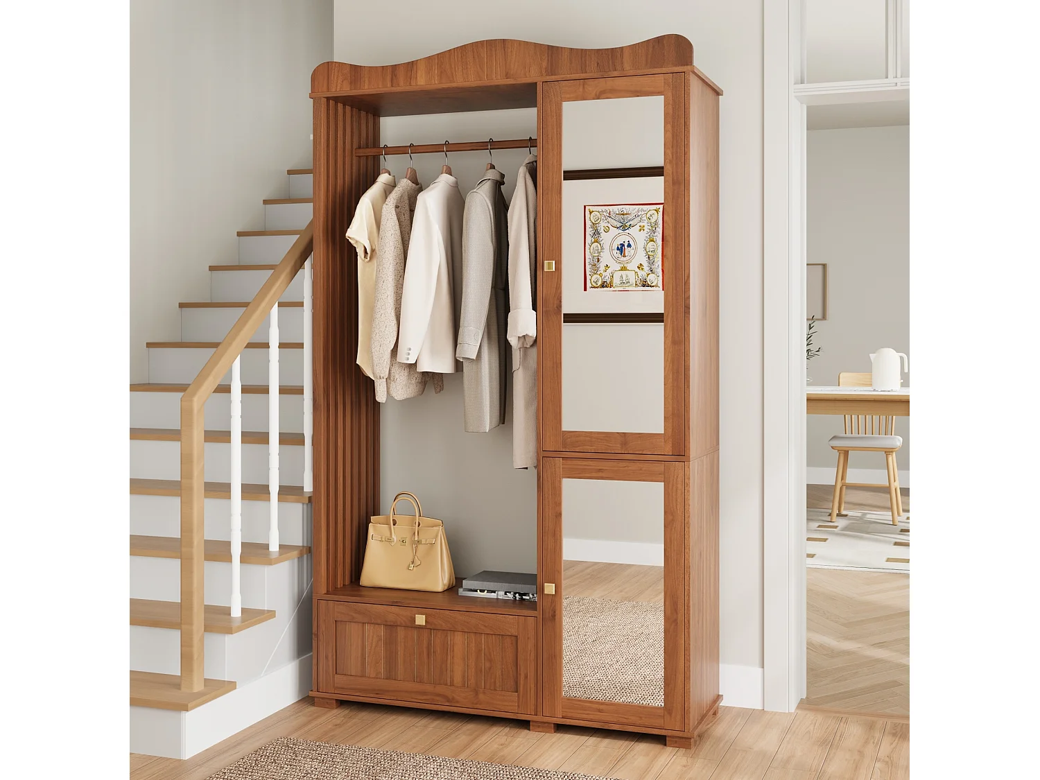 Garderobeset - 115,5x38,5x194,5 cm - met spiegel en open droogrek - 1 lade en 2 deuren - MDF - Notenhout kleur