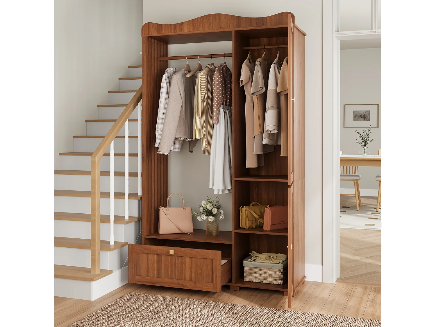 Garderobeset - 115,5x38,5x194,5 cm - met spiegel en open droogrek - 1 lade en 2 deuren - MDF - Notenhout kleur