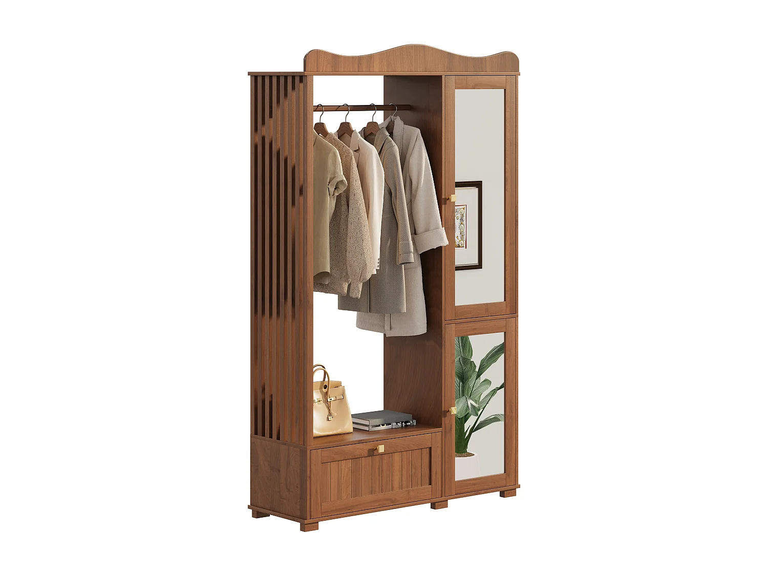 Garderobeset - 115,5x38,5x194,5 cm - met spiegel en open droogrek - 1 lade en 2 deuren - MDF - Notenhout kleur