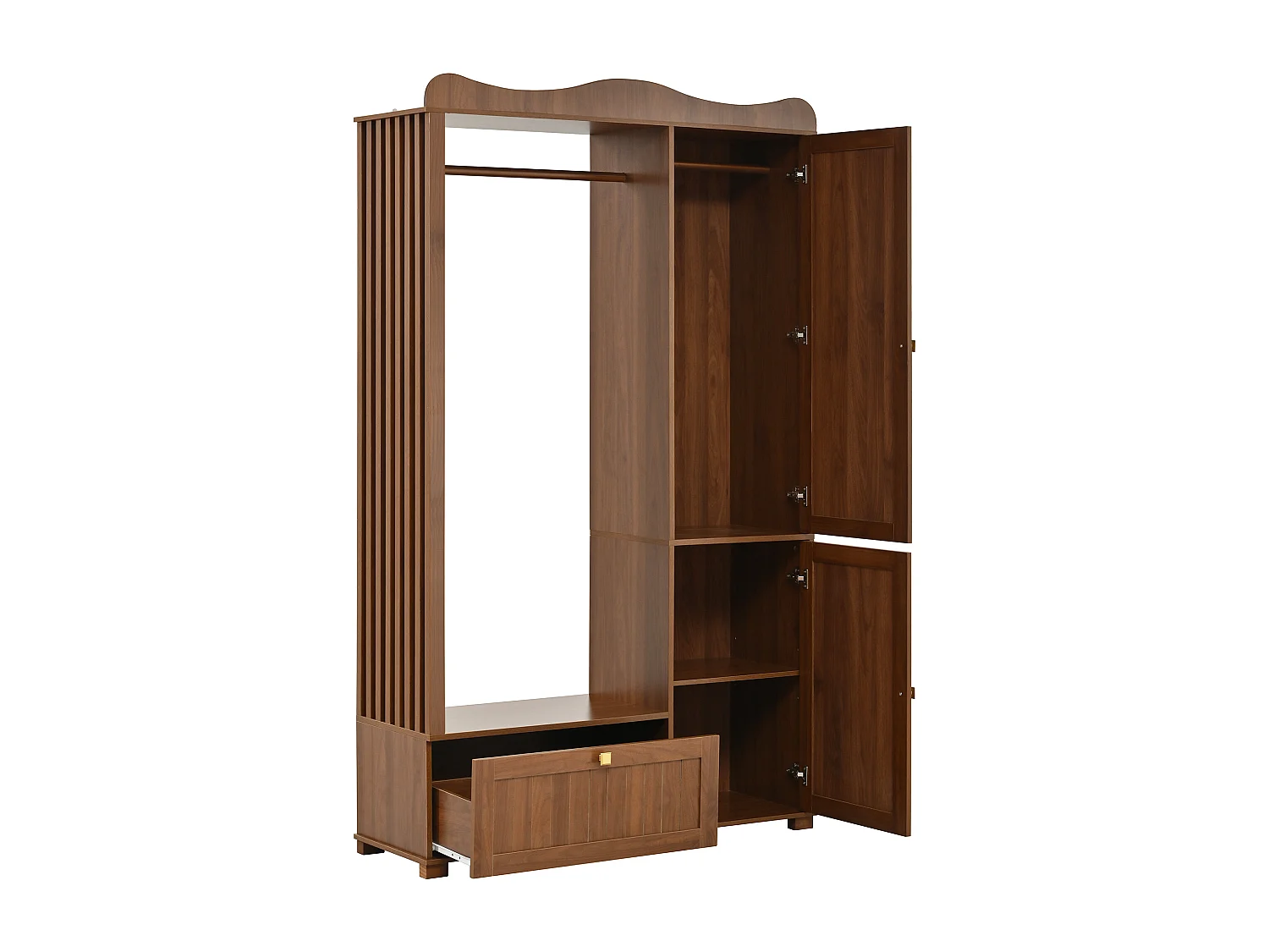 Garderobeset - 115,5x38,5x194,5 cm - met spiegel en open droogrek - 1 lade en 2 deuren - MDF - Notenhout kleur