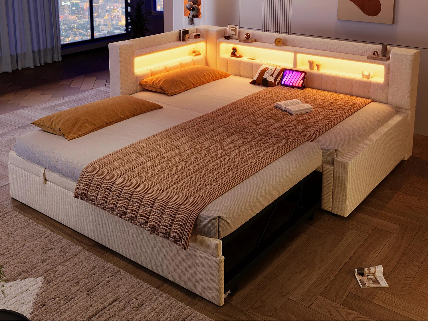 Canapé-lit 90x200 cm (180 x 200 cm) - avec lit gigogne - avec USB + Type-C - avec éclairage LED - beige (matelas non inclus)