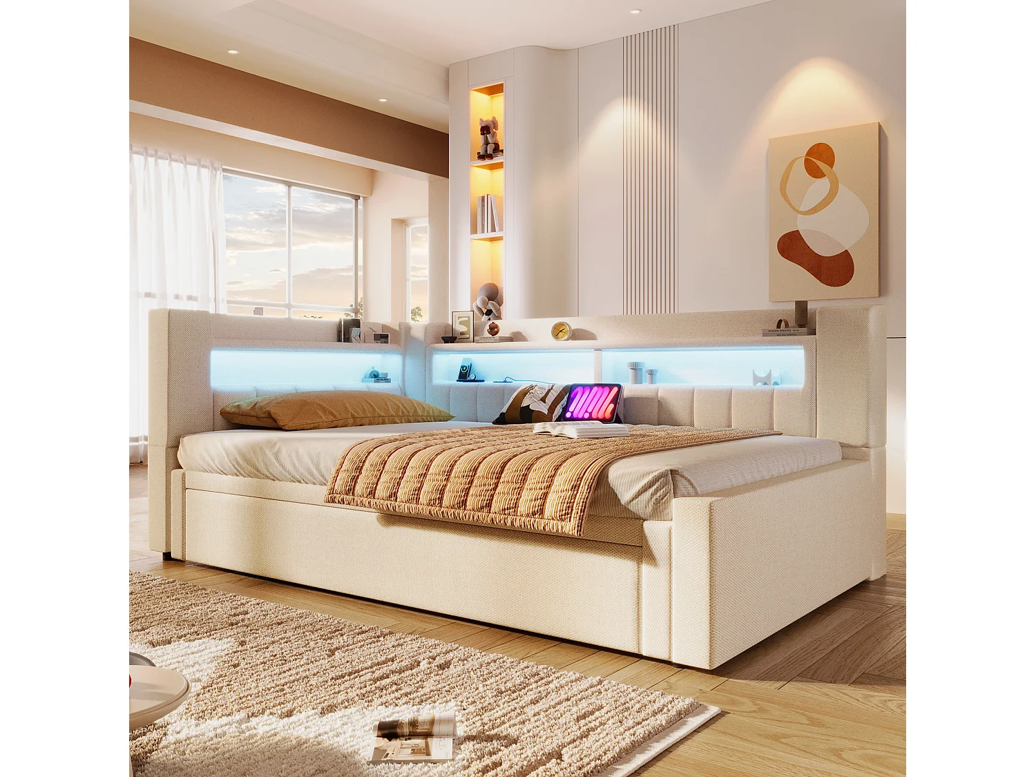 Canapé-lit 90x200 cm (180 x 200 cm) - avec lit gigogne - avec USB + Type-C - avec éclairage LED - beige (matelas non inclus)