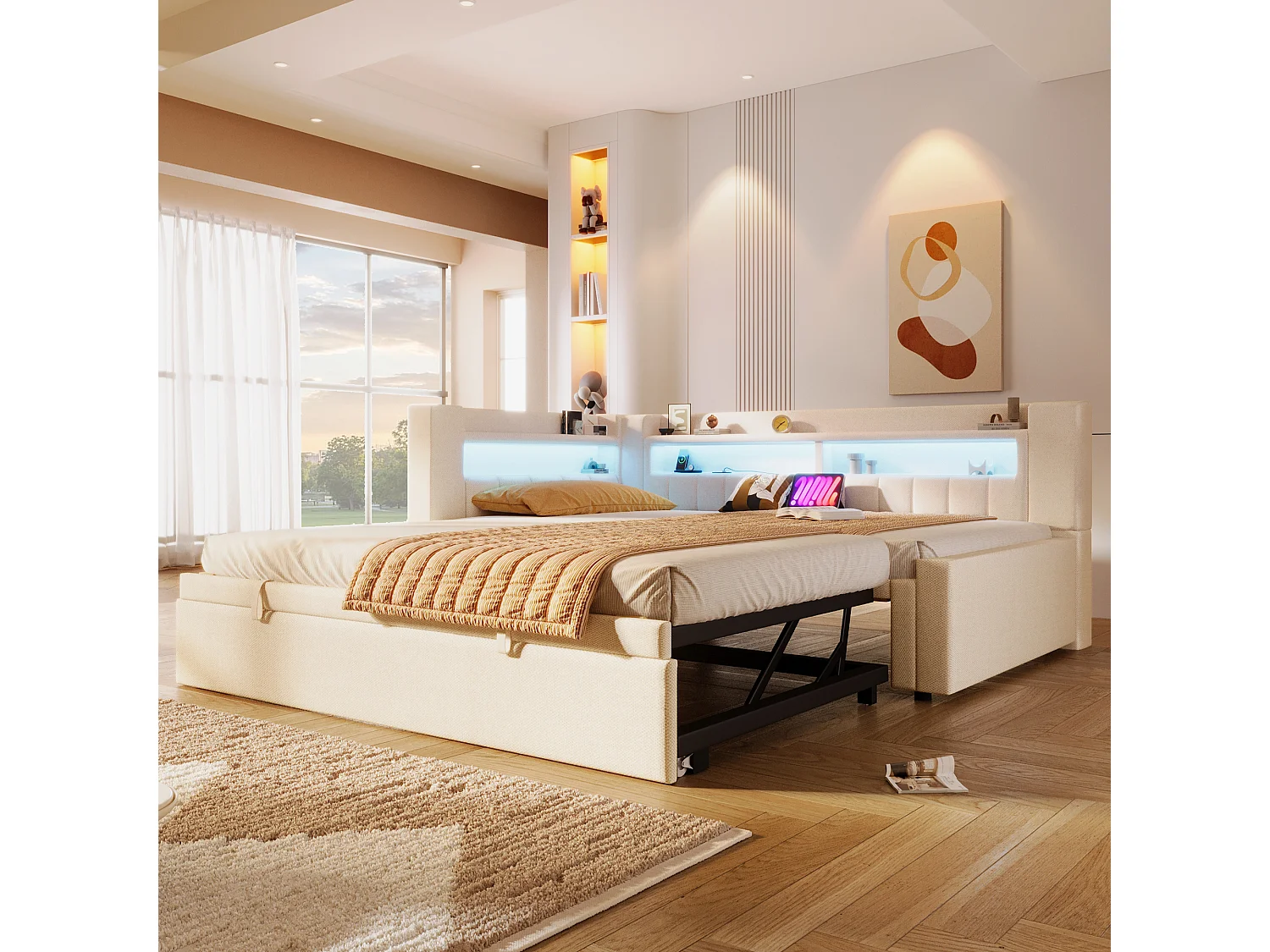 Canapé-lit 90x200 cm (180 x 200 cm) - avec lit gigogne - avec USB + Type-C - avec éclairage LED - beige (matelas non inclus)