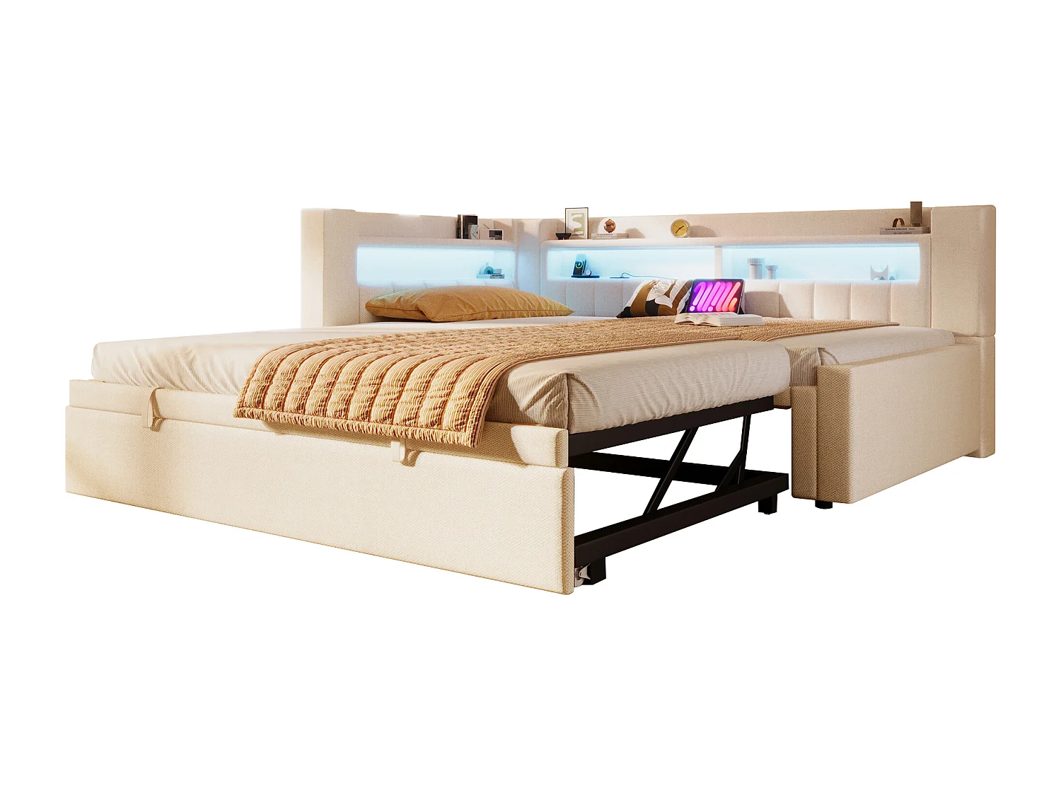 Canapé-lit 90x200 cm (180 x 200 cm) - avec lit gigogne - avec USB + Type-C - avec éclairage LED - beige (matelas non inclus)
