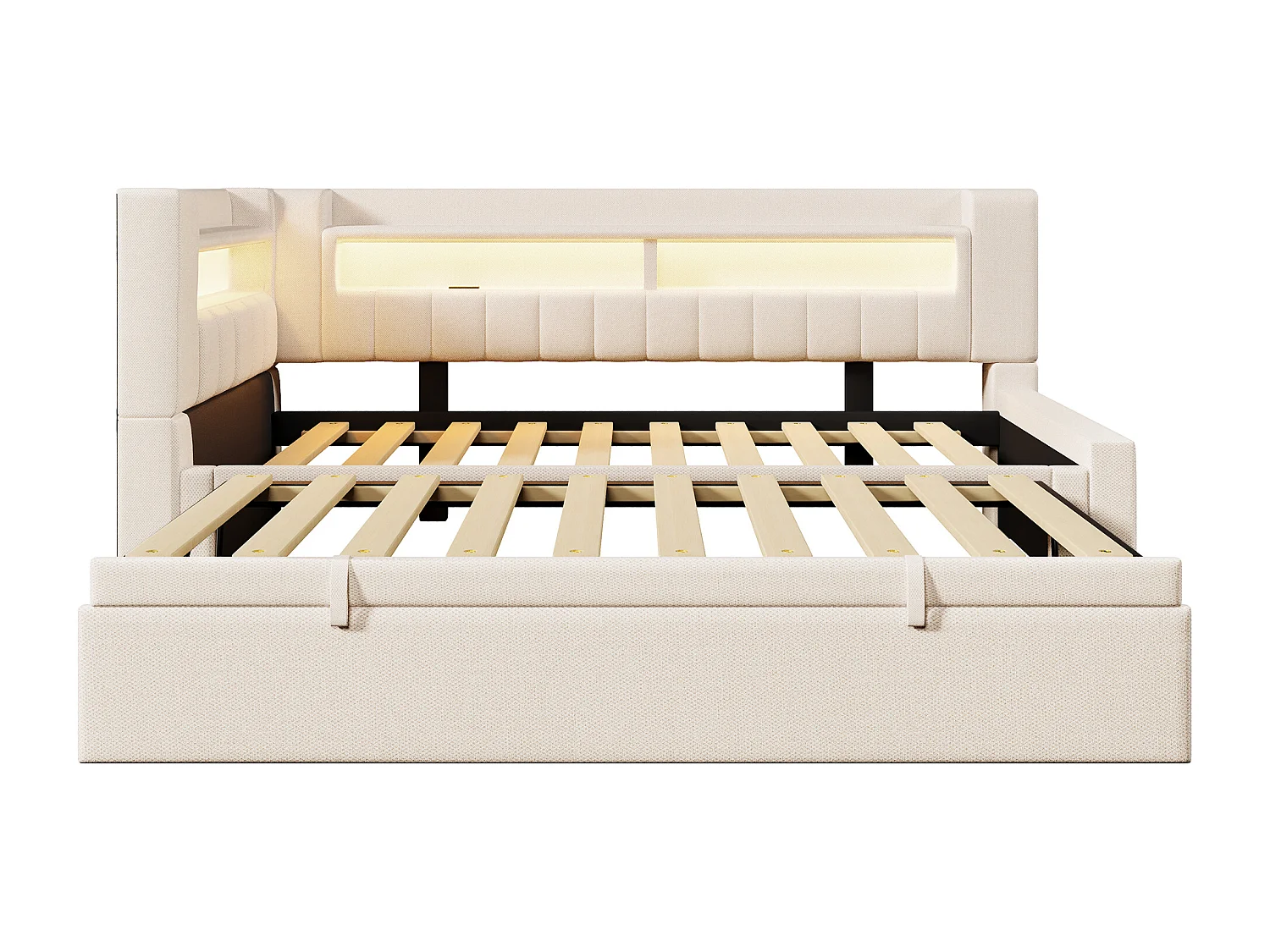 Canapé-lit 90x200 cm (180 x 200 cm) - avec lit gigogne - avec USB + Type-C - avec éclairage LED - beige (matelas non inclus)