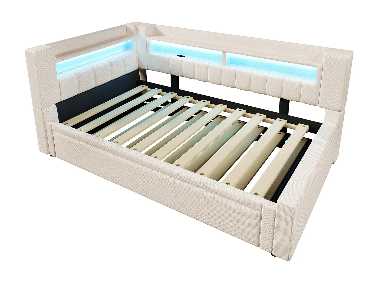 Canapé-lit 90x200 cm (180 x 200 cm) - avec lit gigogne - avec USB + Type-C - avec éclairage LED - beige (matelas non inclus)