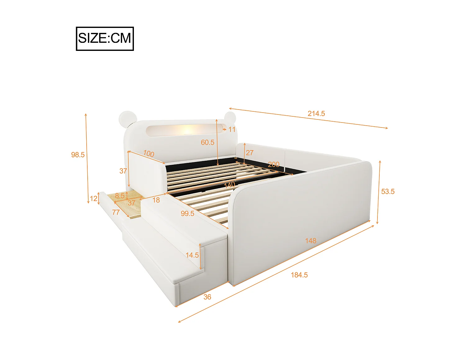 Gepolstertes Kinderbett 140x200 cm - mit Bären-Kopfteil - mit Licht - mit USB-Ladeanschluss - weiß​ (Matratze nicht inbegriffen)
