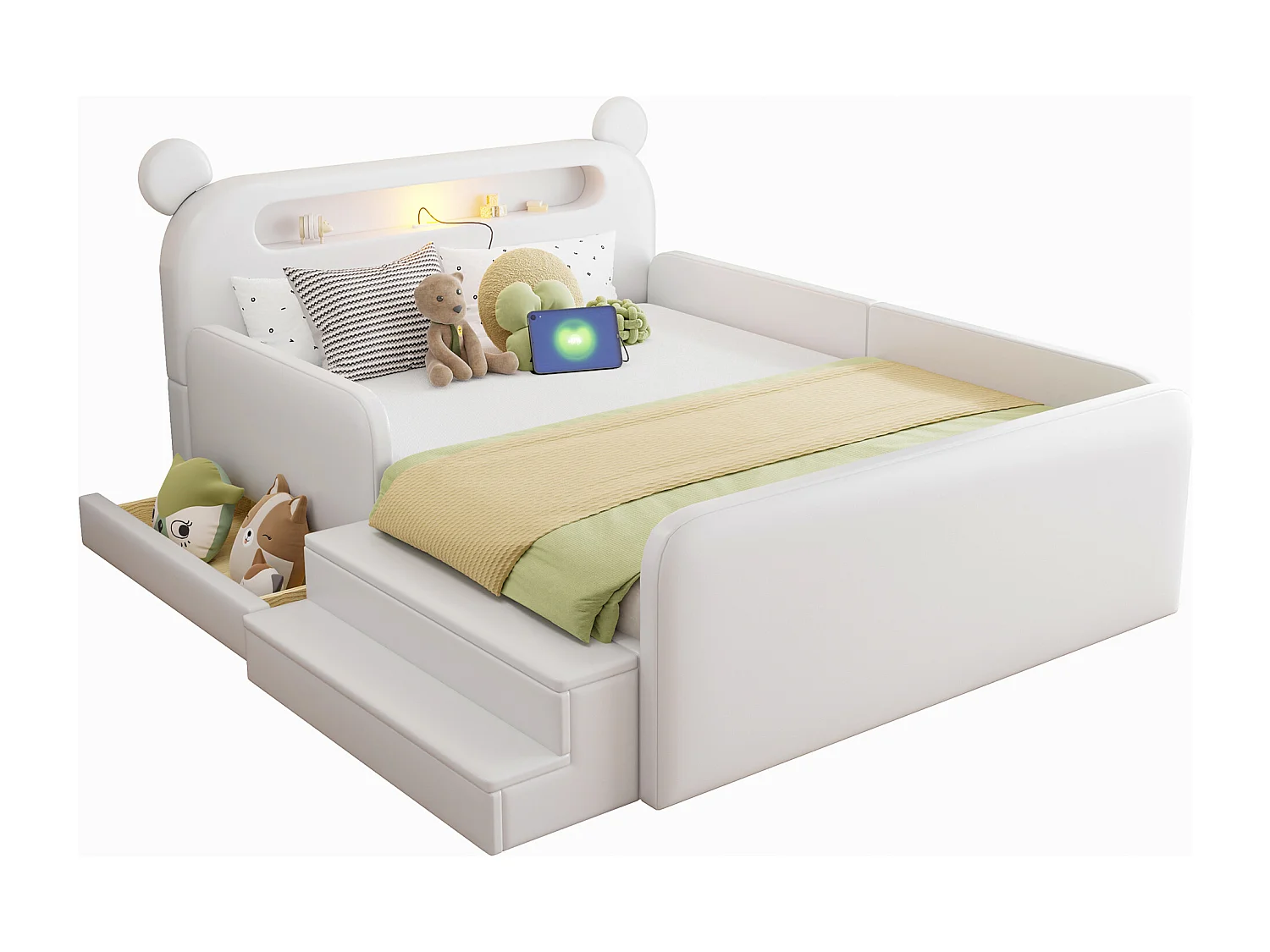 Gepolstertes Kinderbett 140x200 cm - mit Bären-Kopfteil - mit Licht - mit USB-Ladeanschluss - weiß​ (Matratze nicht inbegriffen)