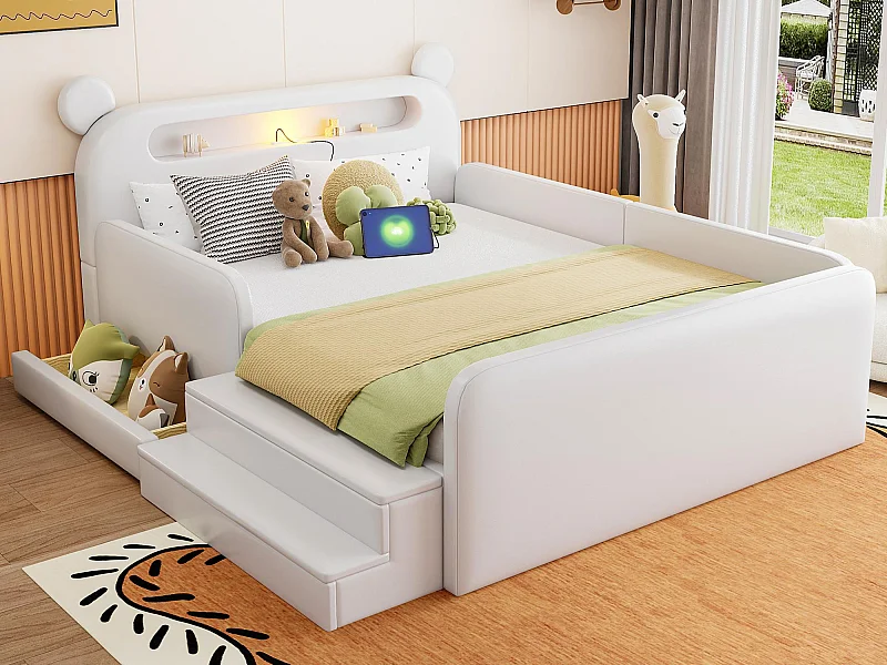 Gepolstertes Kinderbett 140x200 cm - mit Bären-Kopfteil - mit Licht - mit USB-Ladeanschluss - weiß​ (Matratze nicht inbegriffen)