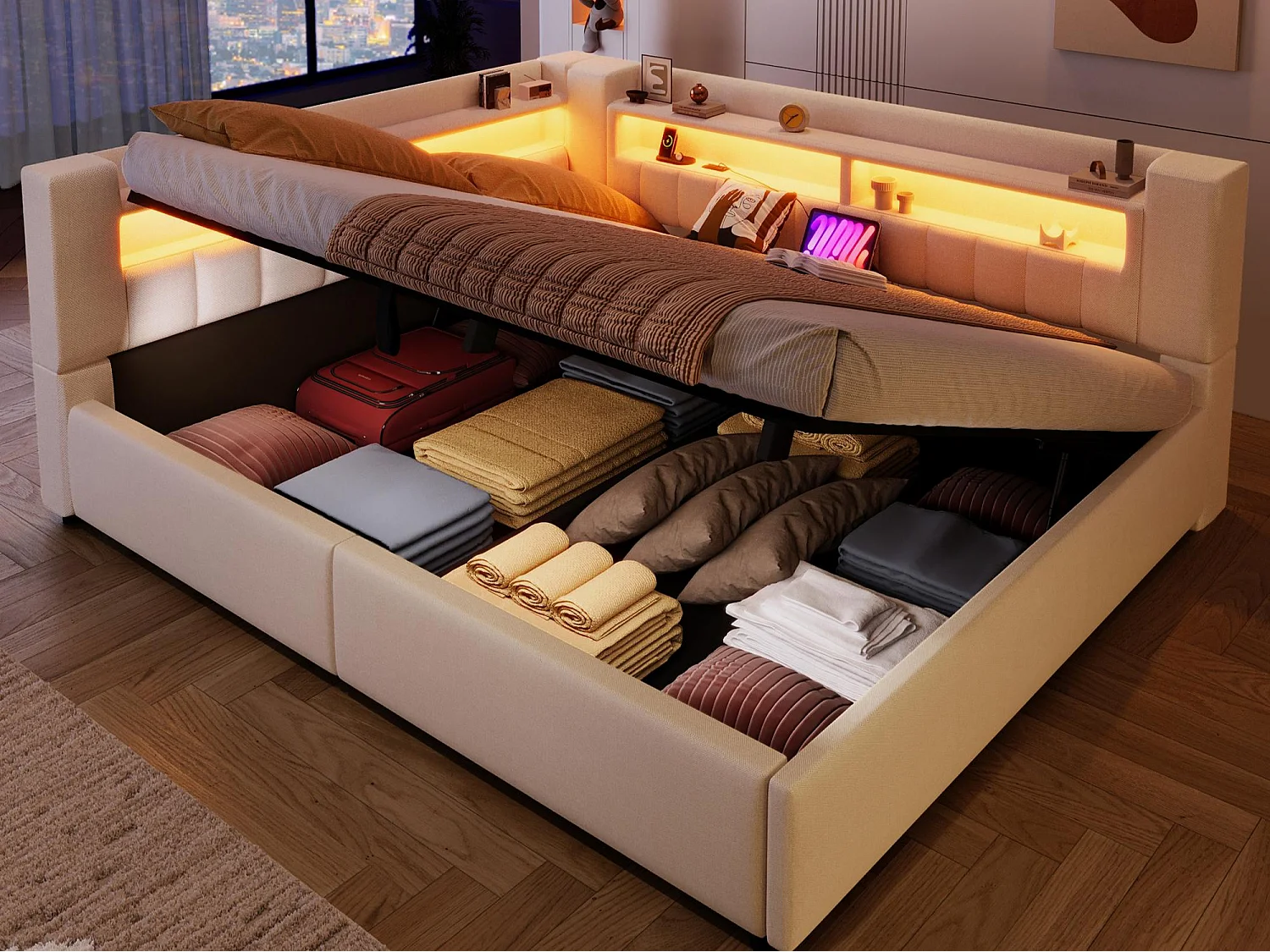 Canapé-lit coffre 140 x 200 cm - avec port USB Type-C - avec éclairage LED - beige (matelas non inclus)