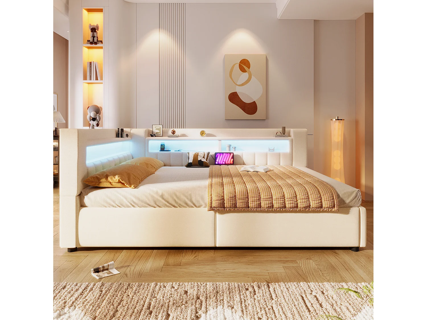 Canapé-lit coffre 140 x 200 cm - avec port USB Type-C - avec éclairage LED - beige (matelas non inclus)