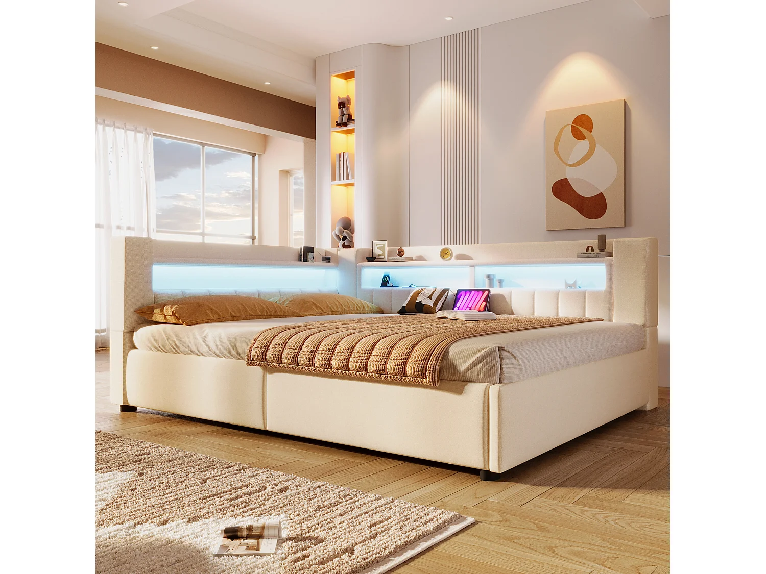 Canapé-lit coffre 140 x 200 cm - avec port USB Type-C - avec éclairage LED - beige (matelas non inclus)