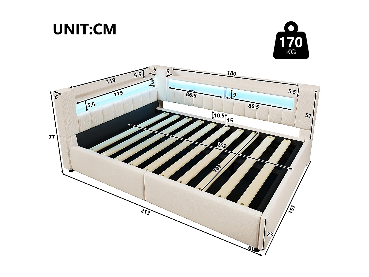 Canapé-lit coffre 140 x 200 cm - avec port USB Type-C - avec éclairage LED - beige (matelas non inclus)