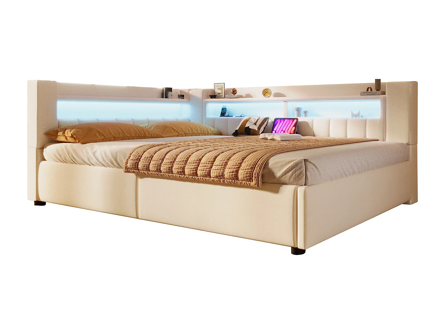 Canapé-lit coffre 140 x 200 cm - avec port USB Type-C - avec éclairage LED - beige (matelas non inclus)