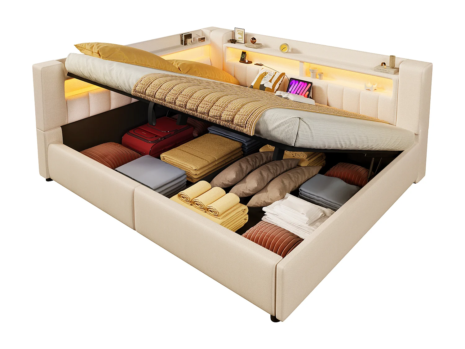 Canapé-lit coffre 140 x 200 cm - avec port USB Type-C - avec éclairage LED - beige (matelas non inclus)