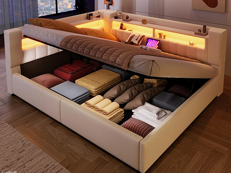 Canapé-lit coffre 140 x 200 cm - avec port USB Type-C - avec éclairage LED - beige (matelas non inclus)