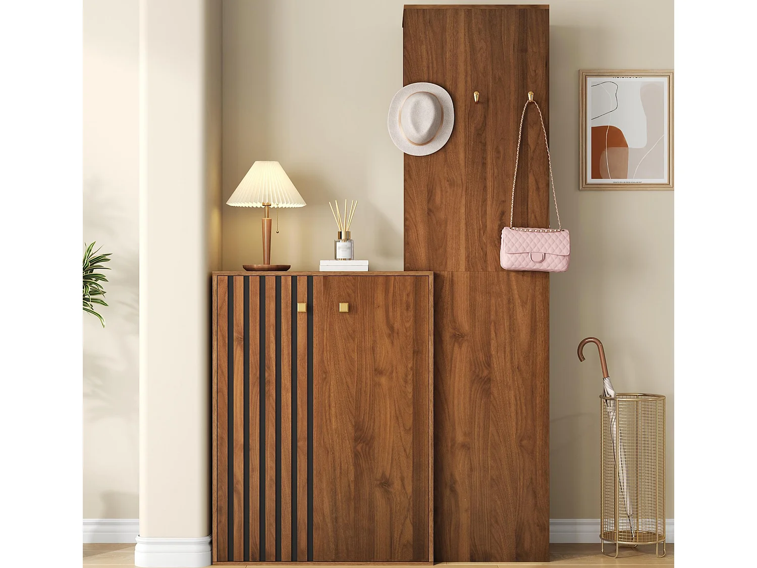 Ensemble vestiaire d'entrée moderne - Meuble à chaussures + Porte-manteau - Avec tringle et crochets - MDF - Couleur noyer (Perçage requis)