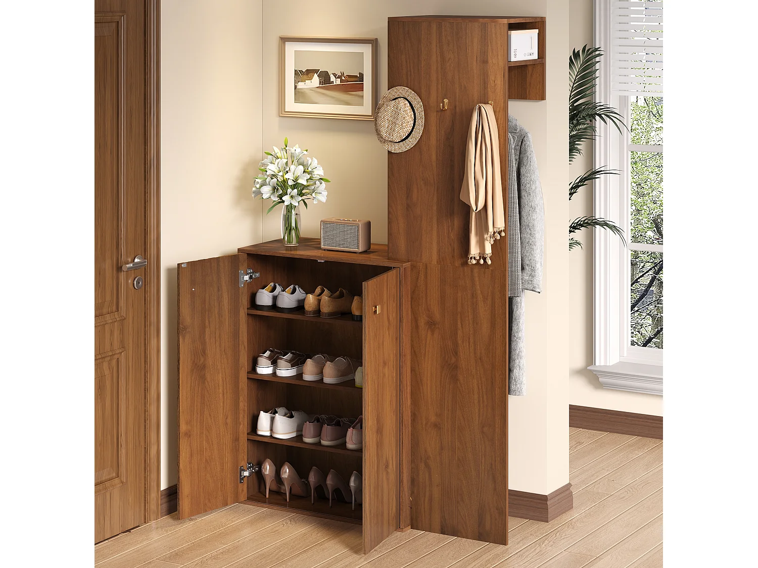 Ensemble vestiaire d'entrée moderne - Meuble à chaussures + Porte-manteau - Avec tringle et crochets - MDF - Couleur noyer (Perçage requis)