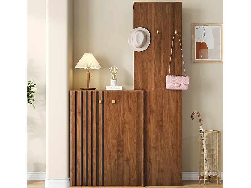 Ensemble vestiaire d'entrée moderne - Meuble à chaussures + Porte-manteau - Avec tringle et crochets - MDF - Couleur noyer (Perçage requis)